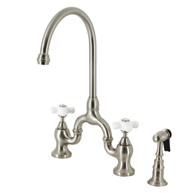 Kingston Brass English Country Two-Handle 3-Hole Deck Mount Bridge Kitchen Faucet with Brass Side Sprayer, Brushed Nickel