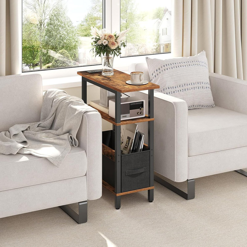 Narrow Side Table With Charging Station, Slim End Table With Fabric Storage, Skinny Nightstand For Small Spaces, Thin Bedside Table For Living Room, Bedroom, Rustic Brown ETHR125E01