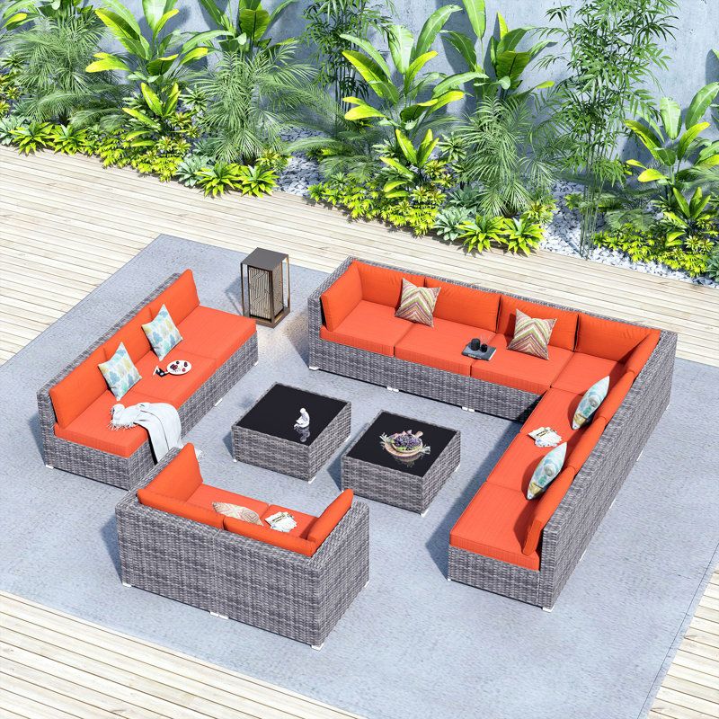 Ensemble de patio modulaire en osier toutes saisons pour 12 personnes avec coussins, Orange
