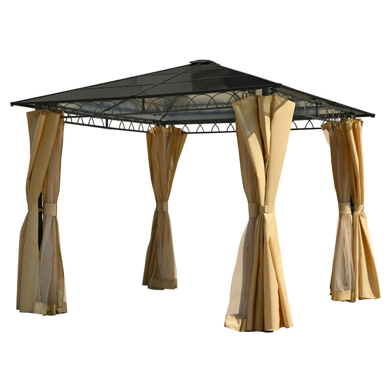 Pavillon de jardin d'extérieur à toit rigide 10 pi x 10 pi avec toit en polycarbonate, moustiquaire et écrans d'intimité