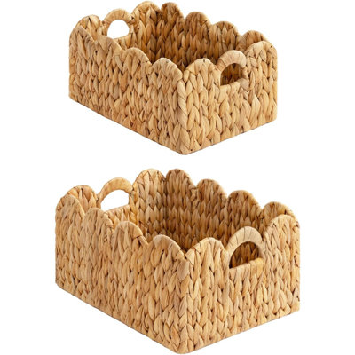 Scalloped Edge Wicker Basket, Hand-woven Rattan Baskets with Built-in Handles.2 Pack