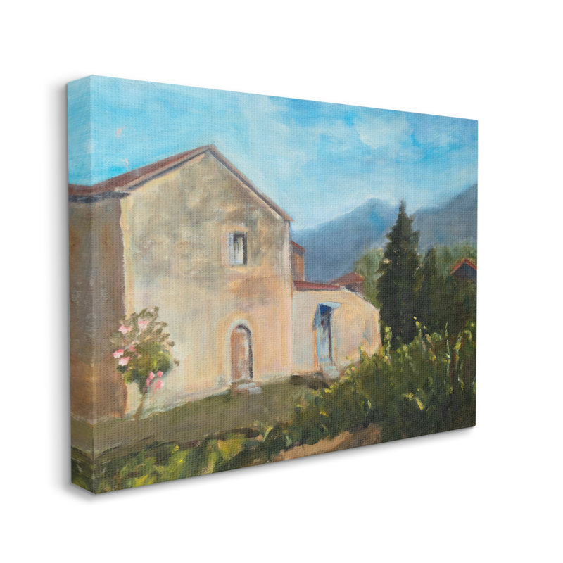 «Traditional Vineyard Villa Landscape Tall Trees Mountain Range» par Susanne Marie - Peinture, H 36 po x l 48 po