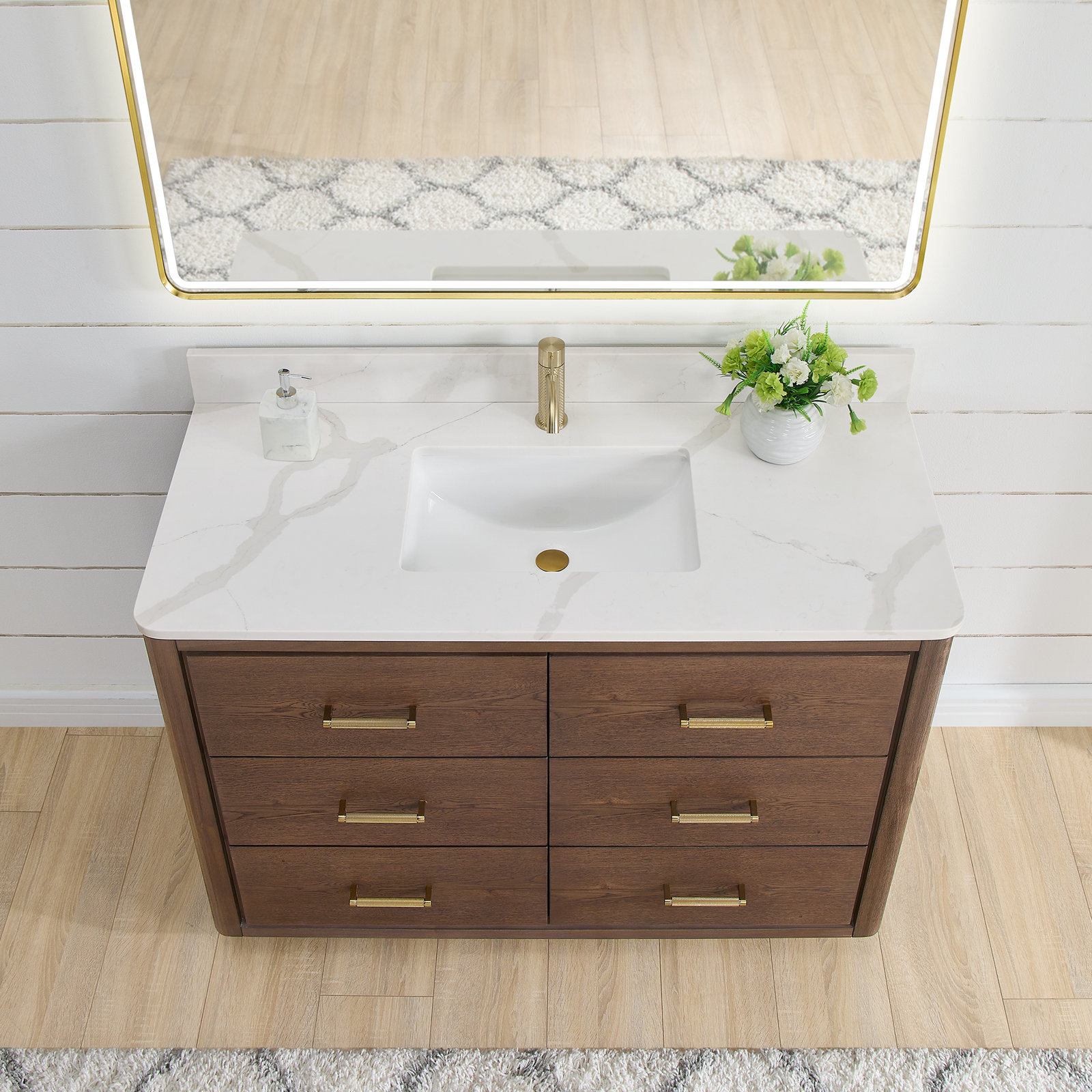 Porto 48'' Single Bathroom Vanity, Dark Brown Oak, Gold