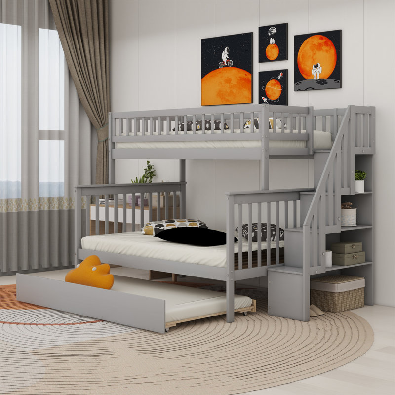 Bunk Bed With Trundle, Gray, Twin over Full