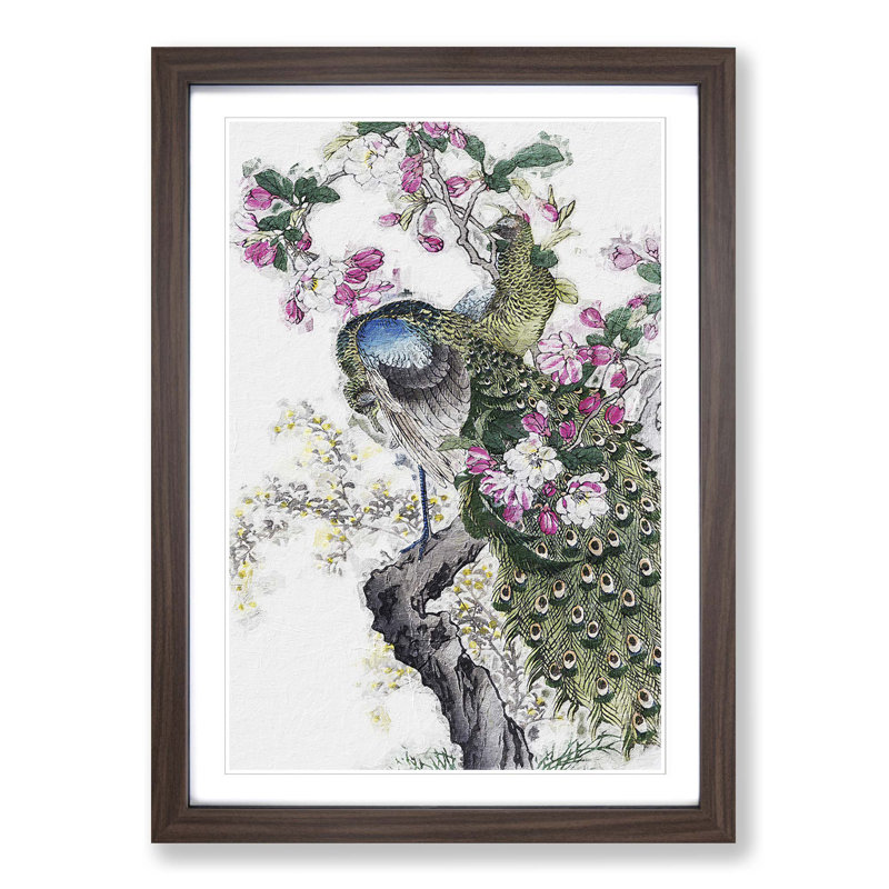 Two Peacocks by Kono Bairei - Picture Frame Painting Print, Walnut Framed, 48cm H x 36cm W x 2cm D