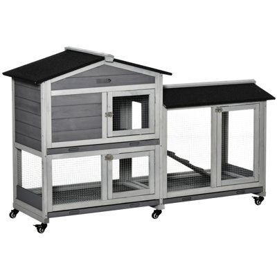 Maison pour animaux 62 "en bois avec roues, boîte de course, plateau sans fuite - lapin, gris et élément mobile