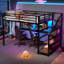 Lit mezzanine double avec bureau intégré, escalier de rangement et éclairage à DEL intégré