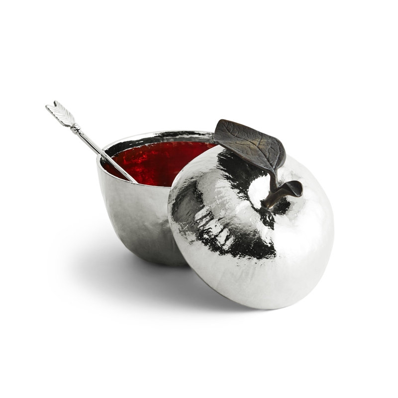 Fruit Apple Honey Pot with Spoon Nickel Plate, Silver