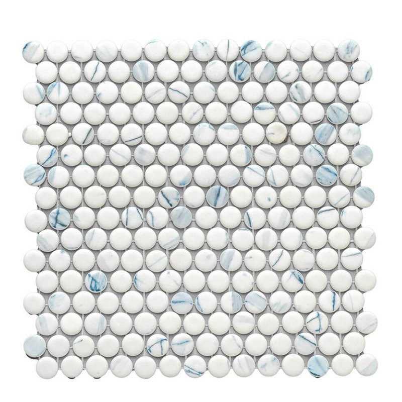 Eterna Penny 12"x12" Recycled Glass Mosaic Tile, Calacatta Blue