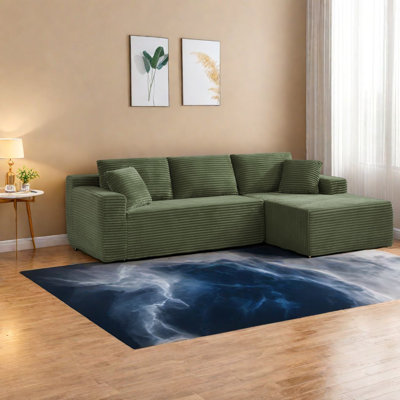 Spacious Green Corduroy L-shaped Sofa, No Assembly, Modern Living