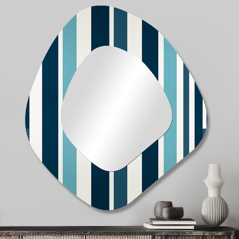 Nautique bleu rayures côtières motif I - miroir mural de forme irrégulière rayé, miroir décoratif asymétrique moderne, impression d'art en métal