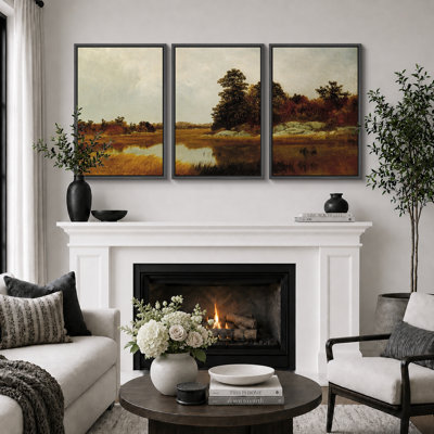 Golden Marsh Lake Landscape Artwork, Bedroom Pictures, Framed Canvas Giclee Print 3 Pieces Wall Art 