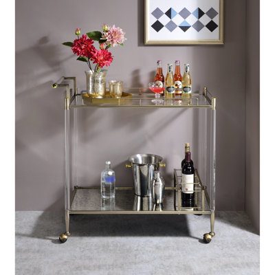 Enticing Antique Mirror & Brass Serving Transporter - 5Mm Tempered Glass Shelves Classy 3 Wine Holder Metal Frame With Acrylic Details 4 For Smooth Movement Simple To Assemble And Keep Sanitary