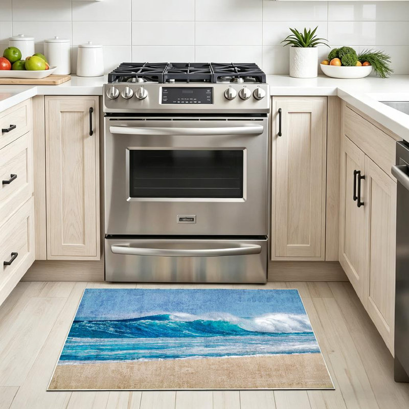 Tapis bleu lavable à la machine bleu Surf Big Ocean Wave Sandy Beach Sea, Rectangle 32" x 47"
