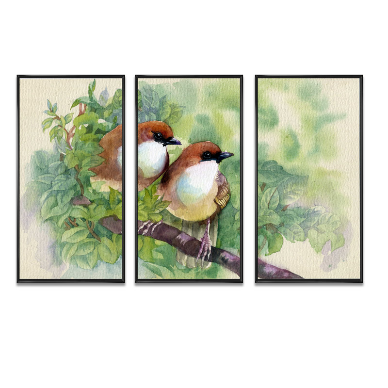 Oiseaux du printemps - Ensemble de 3 reproductions d'art encadrées sur toile, Cadre noir, H 28 po x l 36 po x P 1 po