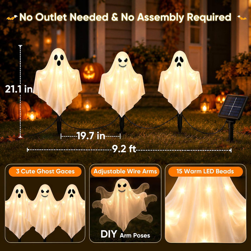 Décorations d'Halloween fantômes solaires, ensemble de 3 lampes fantômes en tissu avec 8 modes d'éclairage, décoration extérieure pour pelouse, porche, allée ou jardin.