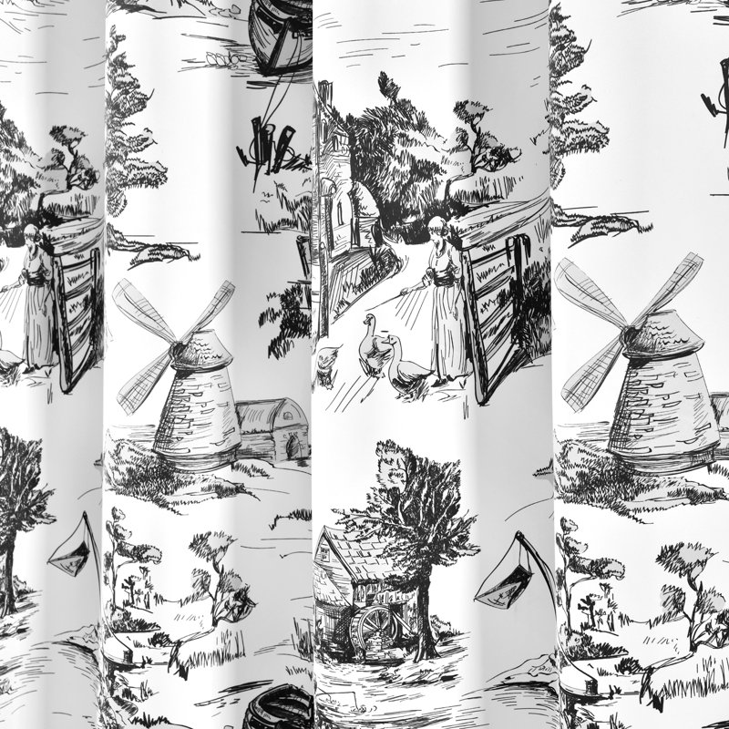 French Country Toile Room Darkening Curtain Pair, 52" W x 84" L, White/Black