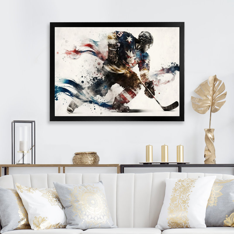 Joueur de hockey des États-Unis en action VI - art mural de hockey sportif, Impression noire sur toile encadrée