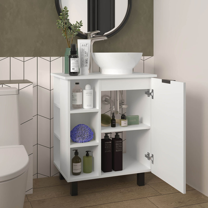 Meuble-lavabo blanc à une porte avec 8 espaces de rangement, illumine l'espace, étagère à porte simple avec support de pieds stable, salle de bain, stabilité accrue