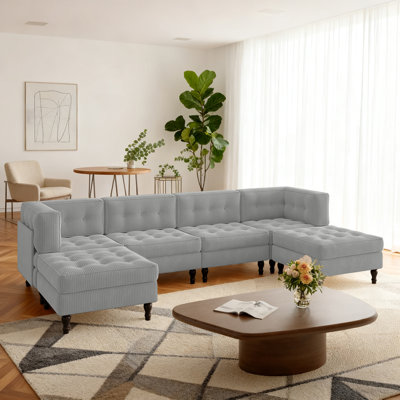 6 - Piece Upholstered Light Gray Tufted Corduroy Modular Sectional with Pillow Back and Two Removable Flip-Tray Top Storage Ottoman