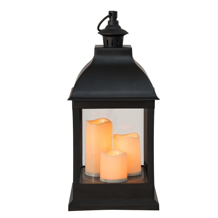 20-Inch Set of 2 Black Metal Decorative Lanterns - LED Battery Timer Pillar  Candles with Fall Accents - Hanging or Tabletop Thanksgiving Decorations 