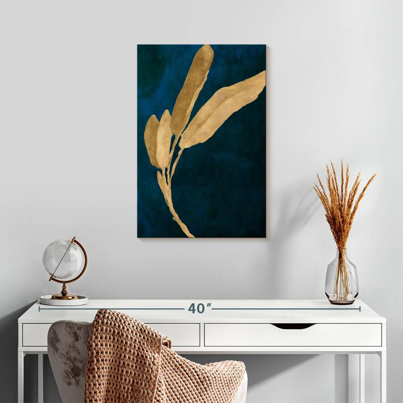 Harnek, feuilles d'or sur bleu marine III, H 24 po x l 16 po