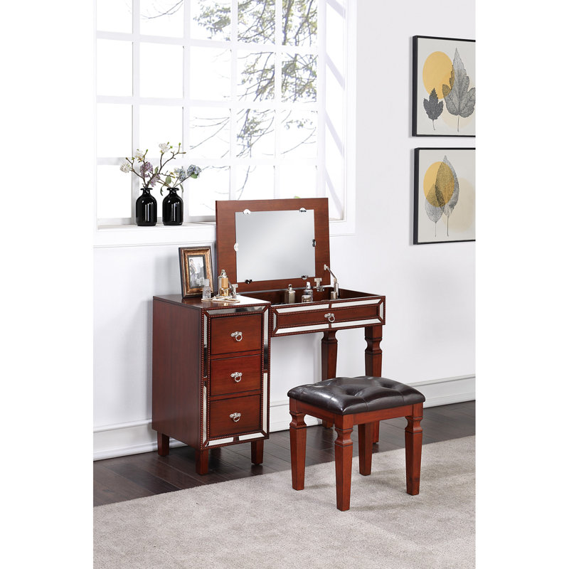 Meuble-lavabo de chambre à coucher en cerisier - avec tabouret, espaces de rangement abondants, miroir décoratif, placage de peuplier, fabrication en bois d'hévéa