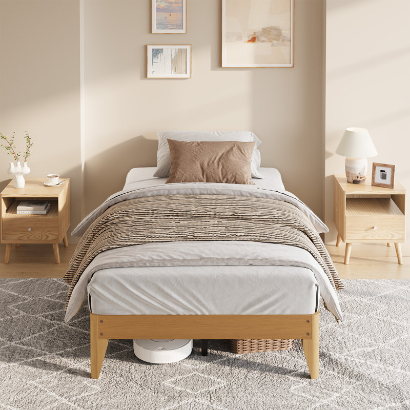Base de lit plateforme en bois, pieds en bois et support central en métal robuste, lattes en bois, aucun sommier requis