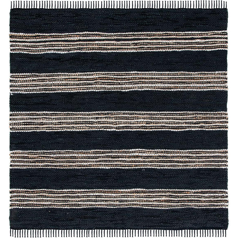 Tapis noir / beige en cuir tissé à la main Pecatonica, Carré 6 pi