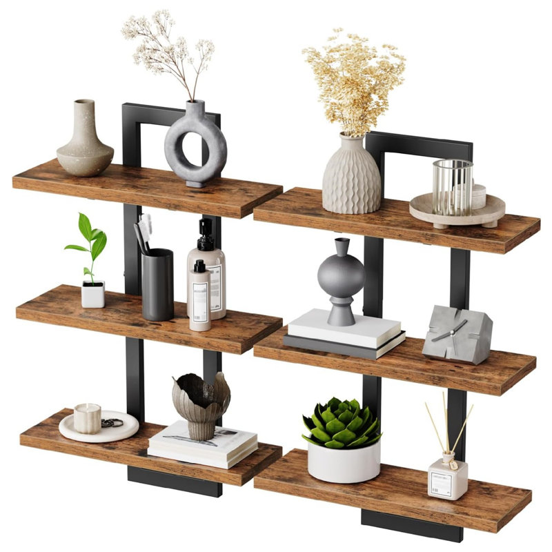 3-Tier Wall Mounted Storage Shelves, Rustic Brown/Black