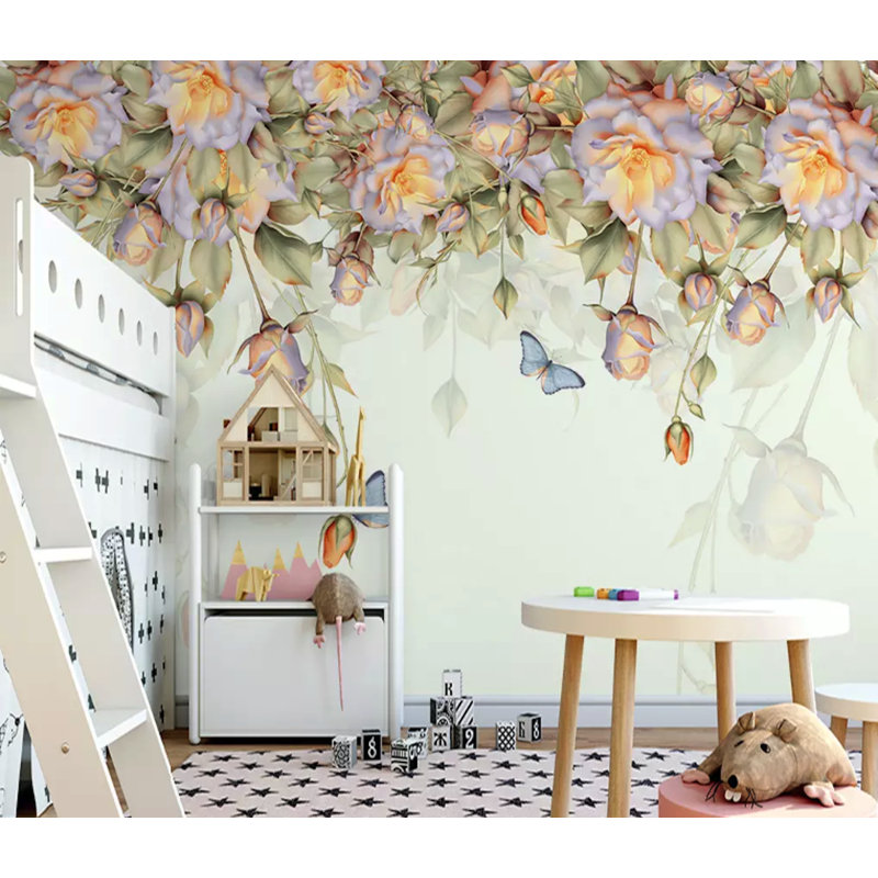 Papier peint amovible à motif floral orange et rose rétro, L 9 po x l 15 po