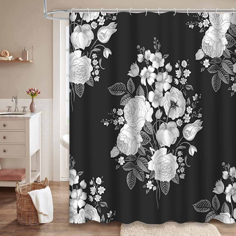 Rideau de douche victorien à motif floral noir et blanc avec 12 crochets, L 72 po x l 78 po
