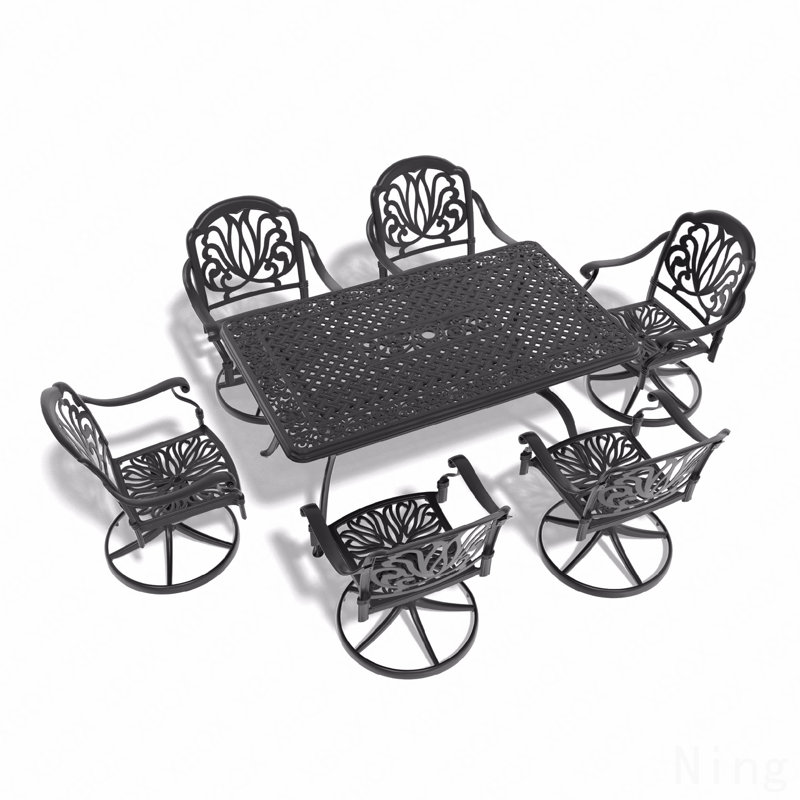 7-Piece All-Weather Cast Aluminum Dining Set, Include 6 Swivel Chairs And Rectangular Table With Black Frame, 6