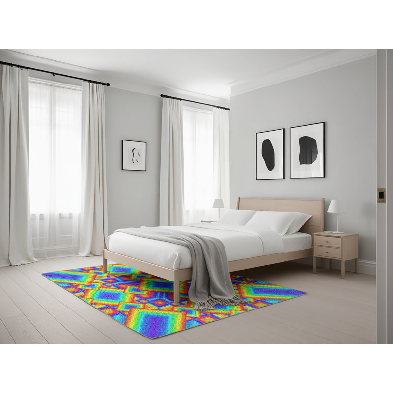 Tapis abstrait bleu / jaune, Rectangle 5 pi x 7 pi