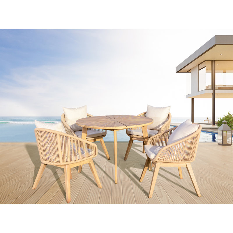 Cabo 4 - Person Acacia Wood Patio Dining Set with Round Table , Cushions Included, Beige
