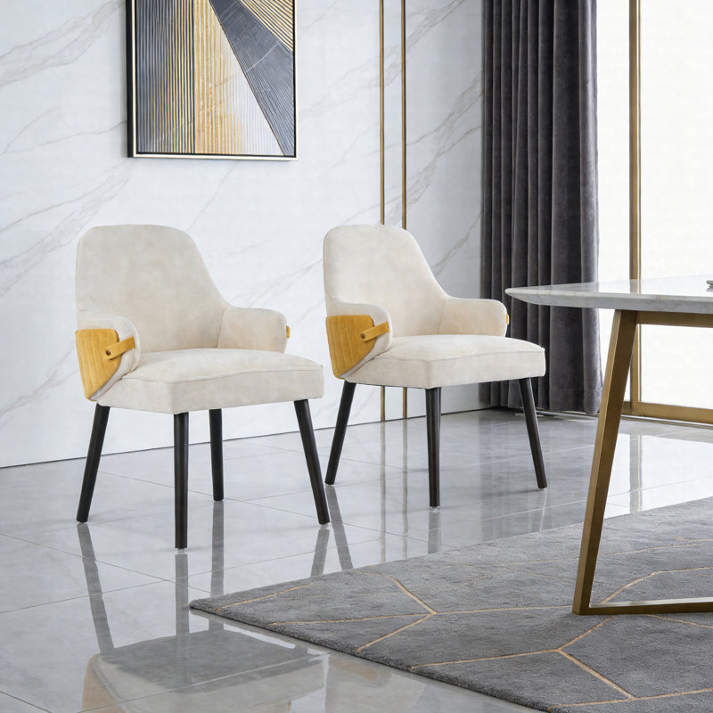 Dining Chairs Set Of 2, Two-Tone Upholstered Armchairs With Curved Back And Sturdy Frame, Beige/Yellow