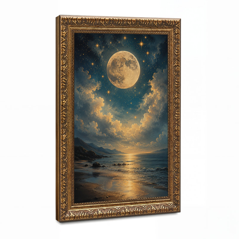 Art mural sur toile Glow Full Moon Over Golden Clouds and Ocean, H 18 po x l 12 po