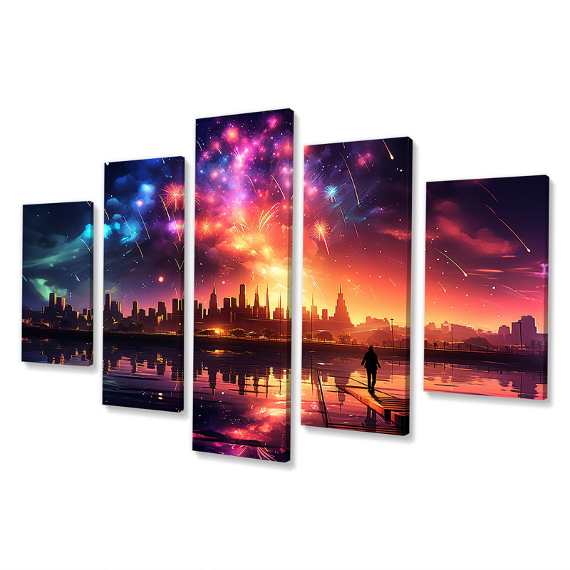 Feux d'artifice colorés au-dessus de la ville la nuit I - ensemble de décorations murales multi-panneaux