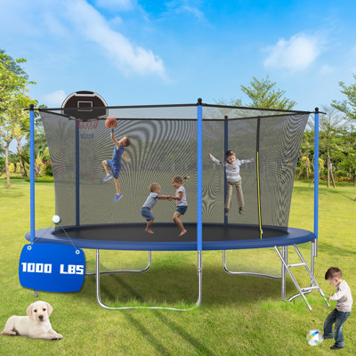 14FT Tranpoline for Kids with Safety Enclosure Net Recreational Tranpoline for Adults ASTM Approval Backyard Outdoor Tranpoline with Basketball Hoop