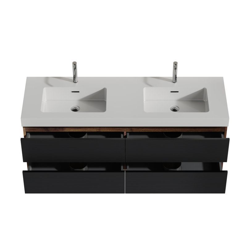 Meuble-lavabo 60 po en noyer avec lavabo double et tiroirs à fermeture en douceur 60 po, Noir; brun / blanc brillant