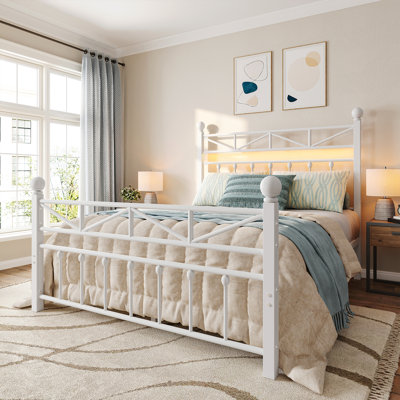 53.6" H Metal Platform Bed with LED Lights and Vintage Headboard