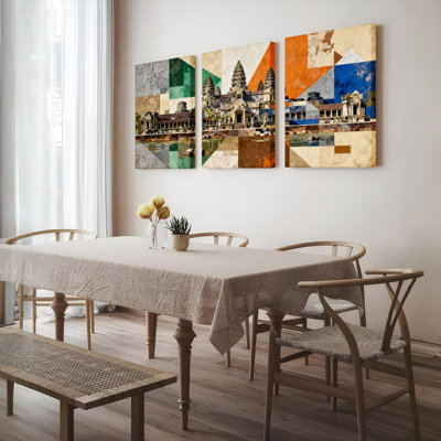 Angkor Wat Temple Geometric Collage Canvas Wrapped Wall Art, Abstract (Set of 3)