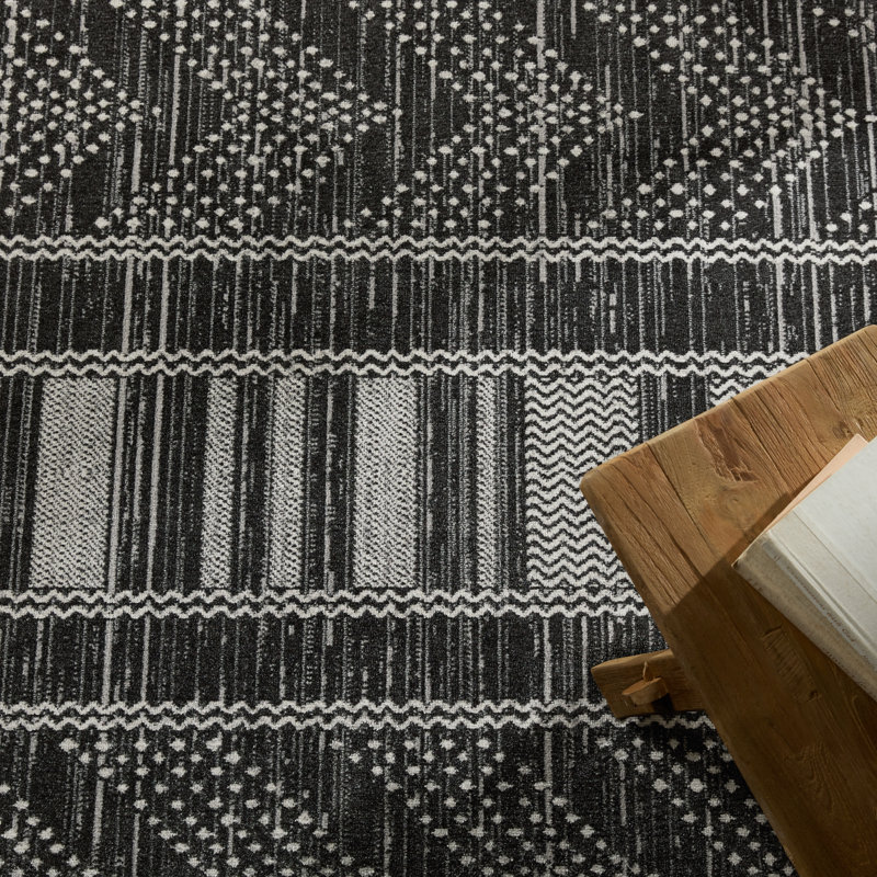 Tapis noir / gris clair lavable à la machine Phoebe, Rectangle 9 pi x 12 pi