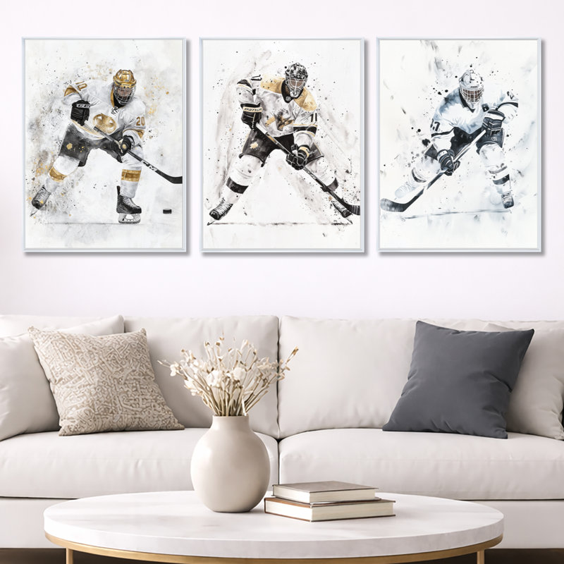 Décoration murale encadrée de hockey sur table - Joueur de hockey sur blanc 3 pièces, Cadre flottant blanc, H 32 po x l 72 po