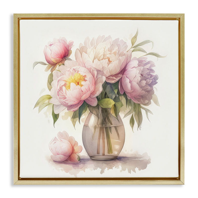 "Blush Pe pivoine", art mural sur toile flottante par LSR Design Studio, Cadre flottant métallique doré, H 25 po x l 25 po