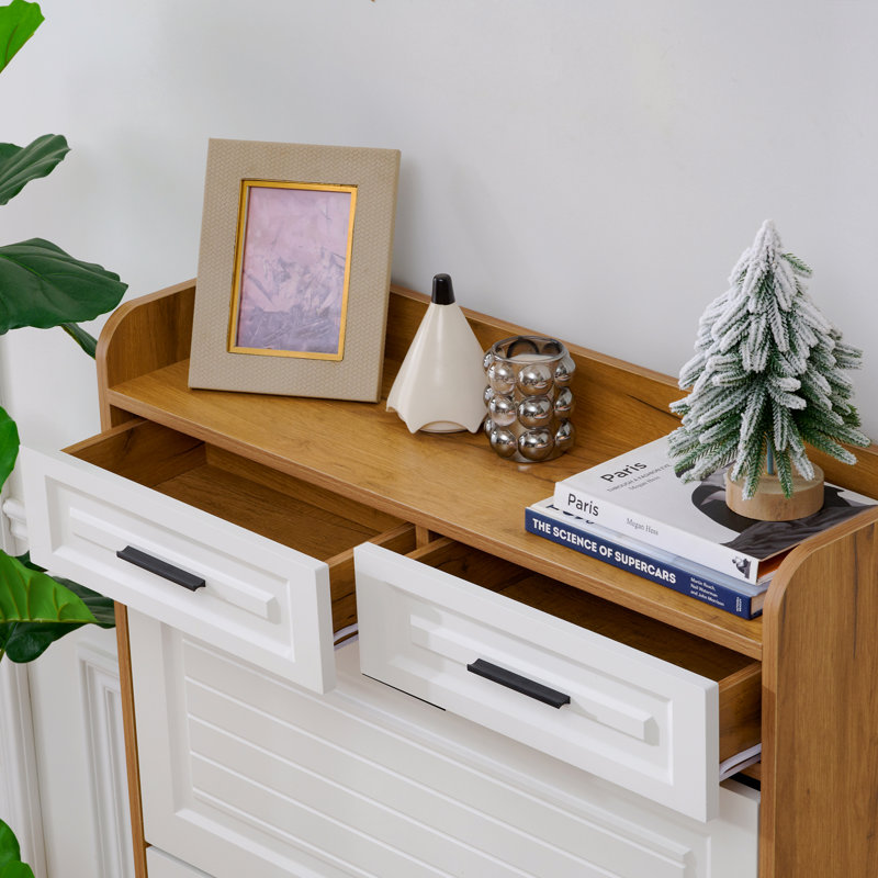 Two Drawers, Three-Fold Doors, Large Storage Shoe Cabinet, White, Brown