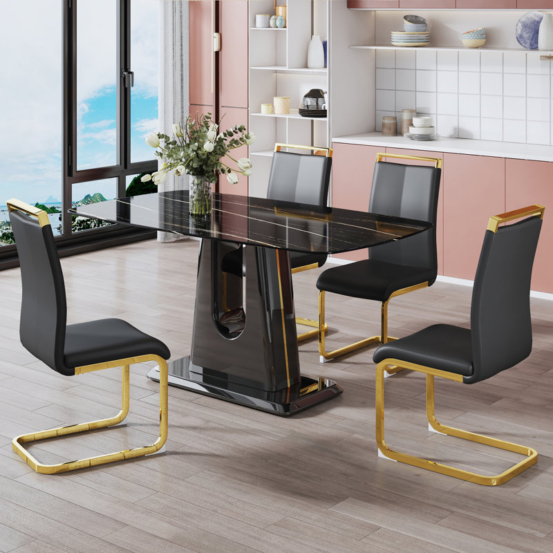1 table et 4 chaises. Moderne, simple et luxueuse table de salle à manger rectangulaire et bureau avec 4 fauteuils en plaqué de polyuréthane