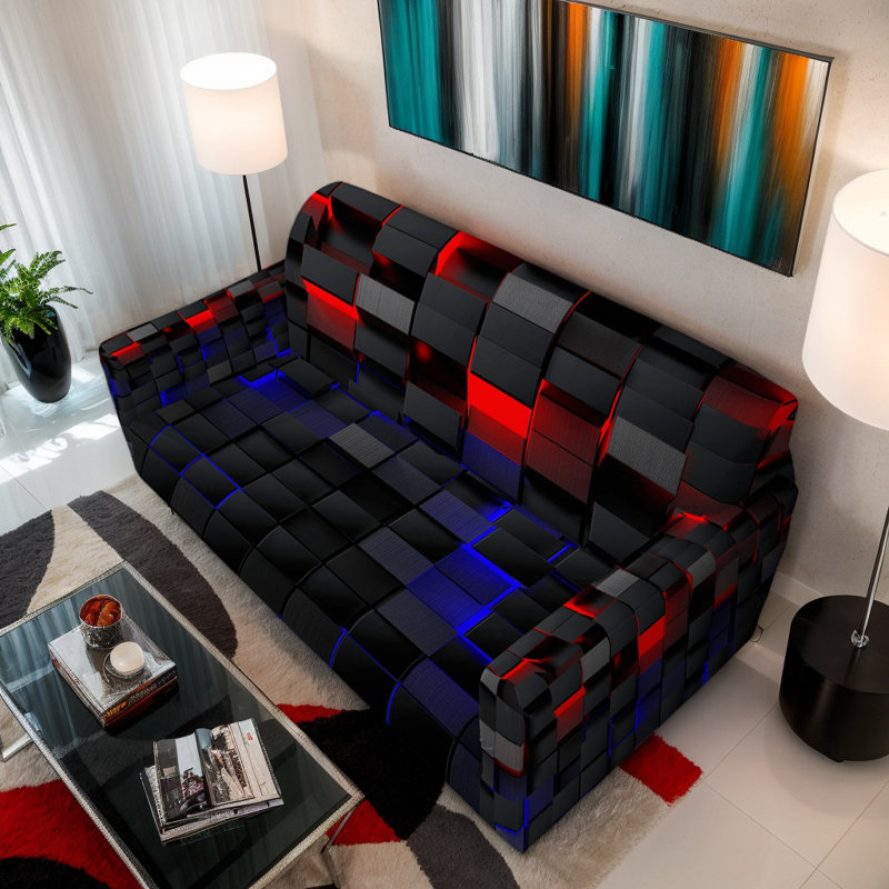 Housse pour canapé extensible 3D / noir / rouge / bleu Modern, H 40 po x l 91 po x P 39 po, Blue and Red Checkered