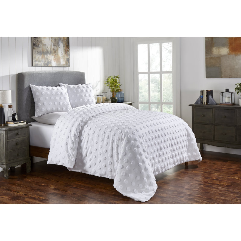 Cotton Ring Stitch Dots Comforter, White, Queen Comforter + 2 Shams