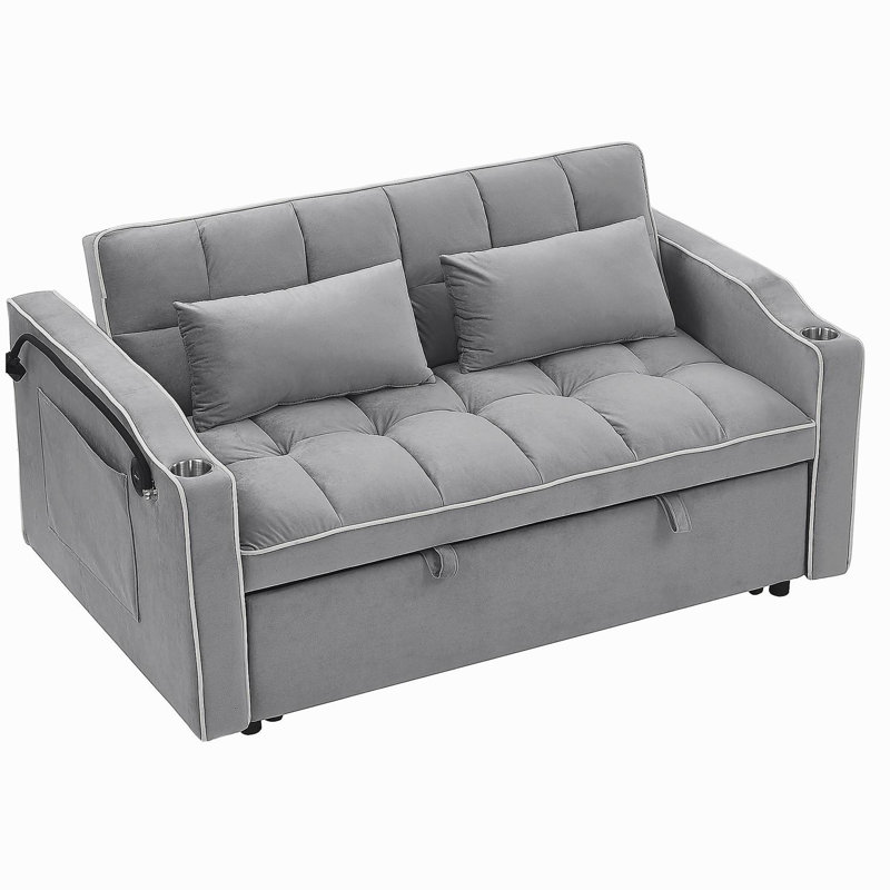 Canapé-lit pliable polyvalent de 55,51 pouces en 3 longueurs, canapé-lit moderne en velours coulissant, dossier réglable et avec port USB, cendrier et support pour téléphone pivotant (gris)
